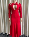 Red Keyhole Long Sleeves Mermaid Long Evening Dress