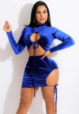 Blue Velvet Midi Neck Drawstring Keyhole Long Sleeve Mini Dress