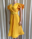 Plus Size Yellow V-Neck Ruffled Short Sleeve Pleated Midi Dress with Belt