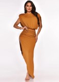 Lt-Brown Sleeveless Pad Shoulder Ruched Split Irregular Long Dress