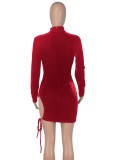 Red Velvet Midi Neck Drawstring Keyhole Long Sleeve Mini Dress
