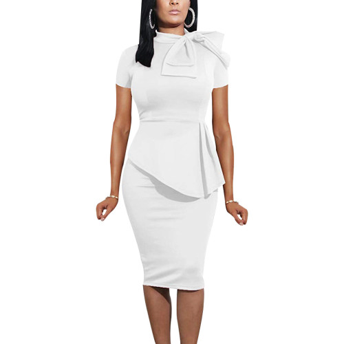 White Short Sleeve Bow Tie Neck Peplum Dress