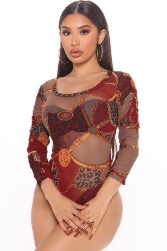 Retro Print Mesh See Through O-Neck Long Sleeve Bodysuit