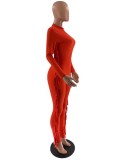 Orange Fringe Midi Neck Long Sleeve Jumpsuit
