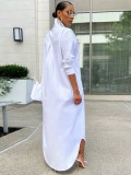 White Button Turndown Collar Long Sleeve Long Blouse Dress
