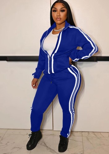 White Size Stripes Blue Zip High Neck Top and Pants 2PCS Tracksuits
