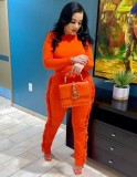 Orange O-Neck Long Sleeve Top and Fringe Pants 2PCS Set