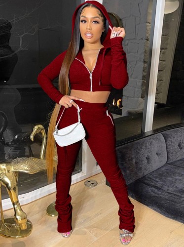 Red Zip Up Long Sleeve Hoody Crop Top and Pants 2PCS Tracksuit