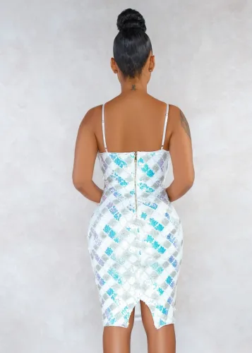 White Bling Bling Sequins V-Neck Cami Midi Dress