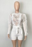 White Lace Patch Tassel Long Sleeves Rompers with Belt