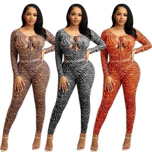 Zebra Print Black Keyhole High Cut Bodysuit and Pants 2PCS Set