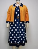 Polka Print Blue Short Sleeves O-Neck Dress and Yellow Coat 2PCS Set