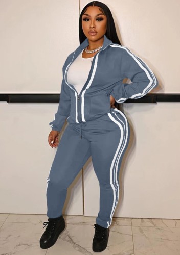 White Size Stripes Grey Zip High Neck Top and Pants 2PCS Tracksuits
