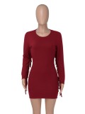 Wine Red O-Neck Tassel Long Sleeve Sheath Mini Dress