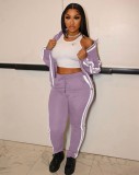 White Size Stripes Purple Zip High Neck Top and Pants 2PCS Tracksuits