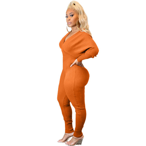 Orange Deep-V Ribbed Sexy Long Sleeve Jumpsuit