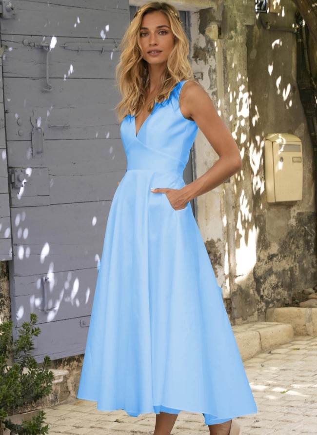 Blue Backless Cami Sleeveless Long Dress with Pocket