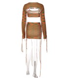 Green and Orange Knitted Cami Crop Top and Lace Up Skirt with Capelet Top 3PCS Set