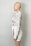 White Lace Patch Tassel Long Sleeves Rompers with Belt