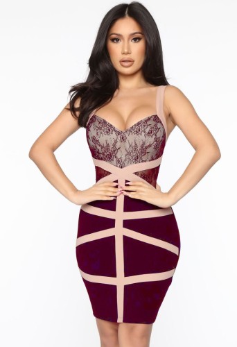 Wine Lace Patck Cami Sheath Midi Dress