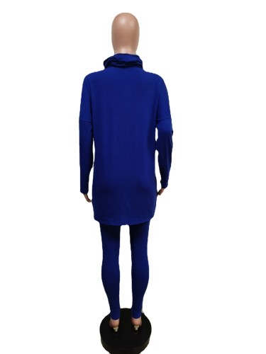 Blue High Neck Long Sleeve Loose Shirt and Tight Pants 2PCS Set