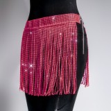 Rosy Red Bling Bling Rhinestone Fringe Tassels Chains Mini Skirt