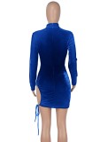 Blue Velvet Midi Neck Drawstring Keyhole Long Sleeve Mini Dress