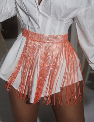 Orange Bling Bling Rhinestone Fringe Tassels Chains Mini Skirt