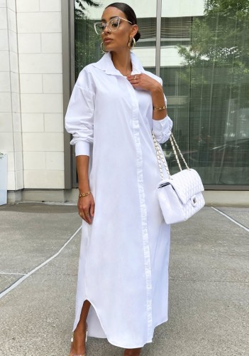 White Button Turndown Collar Long Sleeve Long Blouse Dress