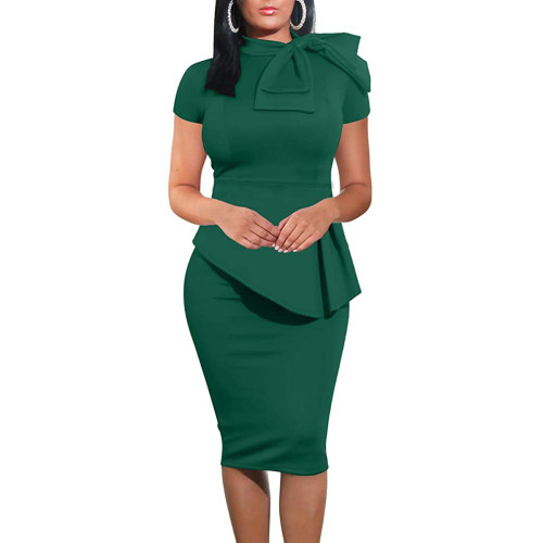 Green Short Sleeve Bow Tie Neck Peplum Dress
