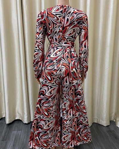 Print V-Neck Wide Leg Long Sleeve Jumpsuit with Belt