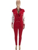 Red and White Contrast Turndown Collar Blazer and Pants 2PCS Set