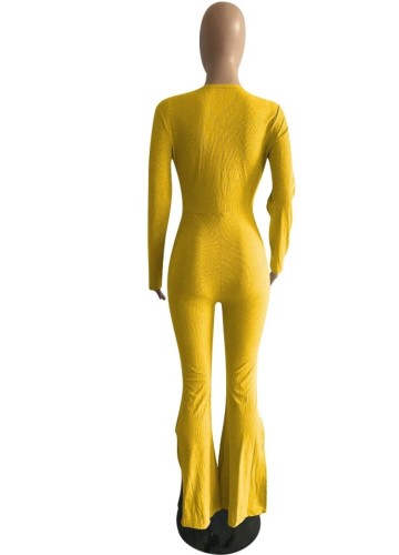 Yellow Deep-V Button Up Long Sleeves Split Jumpsuit
