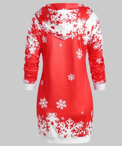 Christmas Print Red Drawstring Hoody Mini Dress