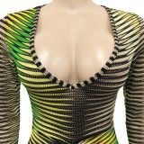 Green Print Deep-V Ruched Strings Flare Sleeve Sheath Dress