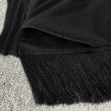 Black O-Neck Long Sleeve Top and Fringe Pants 2PCS Set