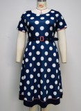 Polka Print Blue Short Sleeves O-Neck Dress and Pink Coat 2PCS Set