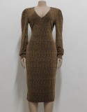 Brown V-Neck Long Sleeves Elegant Bodycon Midi Dress