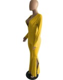 Yellow Deep-V Button Up Long Sleeves Split Jumpsuit