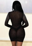 Rhinestone Black High Collar Long Sleeve Sheath Mini Dress