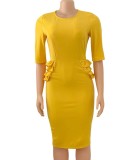 Elegant Yellow Half Sleeves O-Neck Ruffle Midi Office Dress