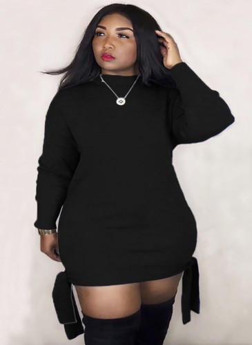 Plus Size Black O-Neck Size Tied Long Sleeve Mini Sweatshirt Dress