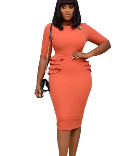 Elegant Orange Half Sleeves O-Neck Ruffle Midi Office Dress