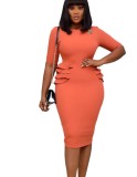 Elegant Orange Half Sleeves O-Neck Ruffle Midi Office Dress