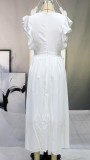 White Deep-V Ruffled Sleeve Long Tunic Dress
