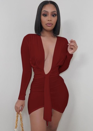 Wine Tie Plunge Neck Long Sleeve Irregular Sheath Mini Dress