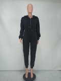 Black Fleece Zipper Up Long Sleeves Hoody Jumpsuit with Pocket