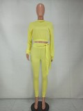 Yellow Long Sleeve Midi Neck Crop Top and High Waist Pants 2PCS Set