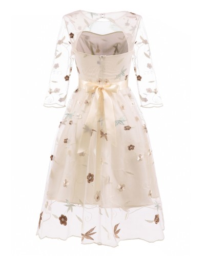 Beige Floral Mesh Patched 3/4 Sleeve Midi Dress