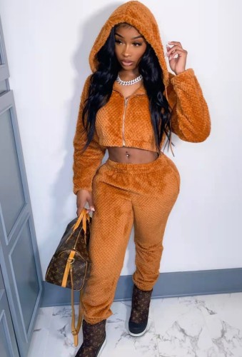 Orange Fleece Zip Long Sleeves Hoody Crop Top and High Waist Pants 2PCS Set